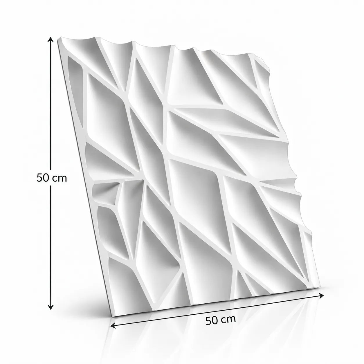 Thornwood 3D gypsum wall panel 50 cm x 50 cm with product dimensions shown