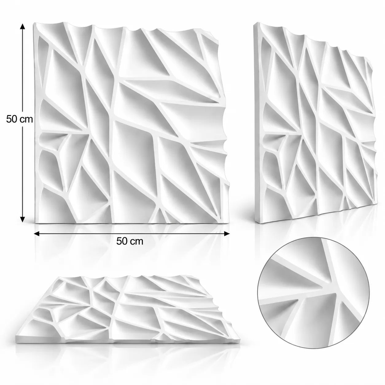 Thornwood 3D gypsum wall panel shown from several angles, with 50 cm by 50 cm dimensions and a close detail of the relief.