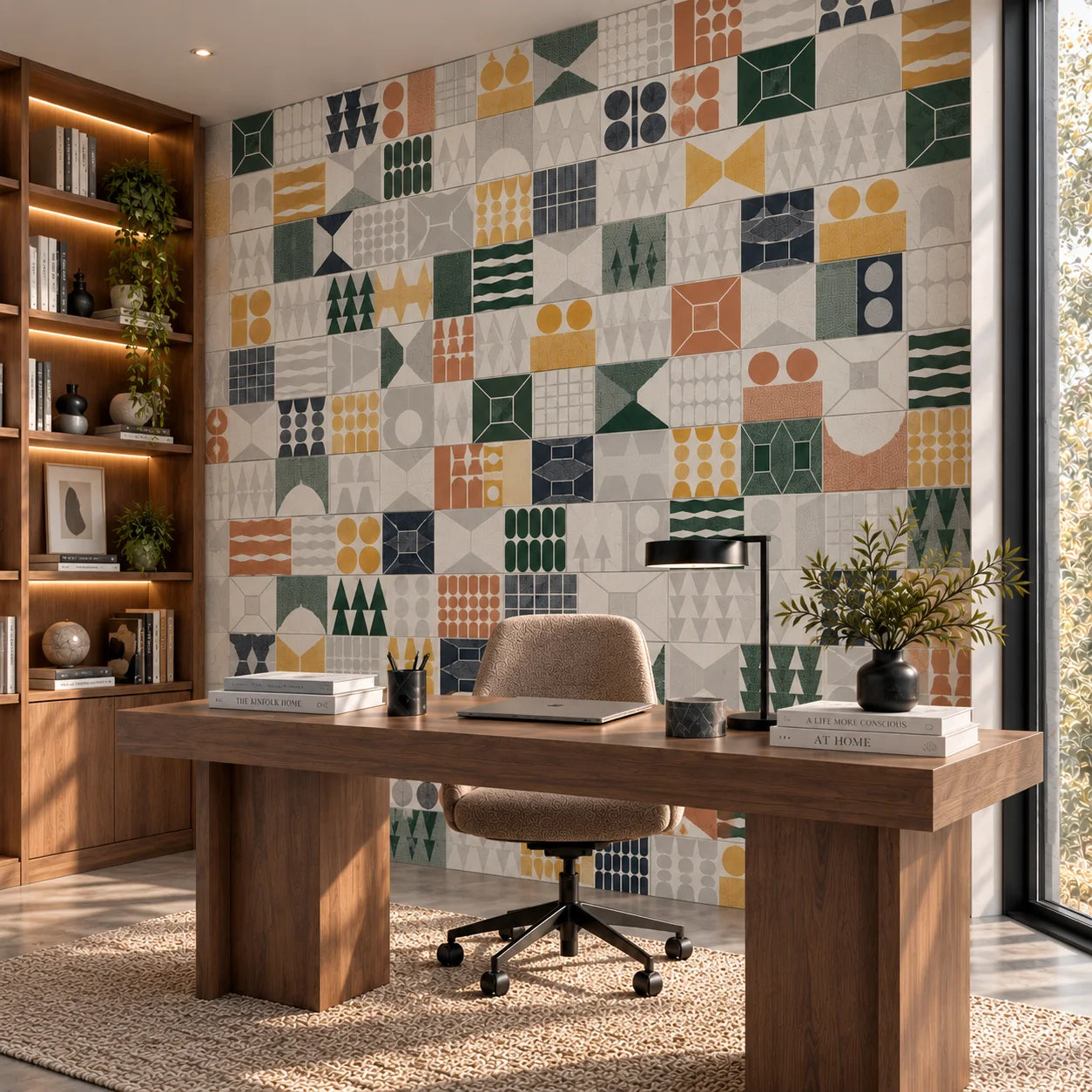Patterns Multiform wall panels in a modern home office with colourful geometric design