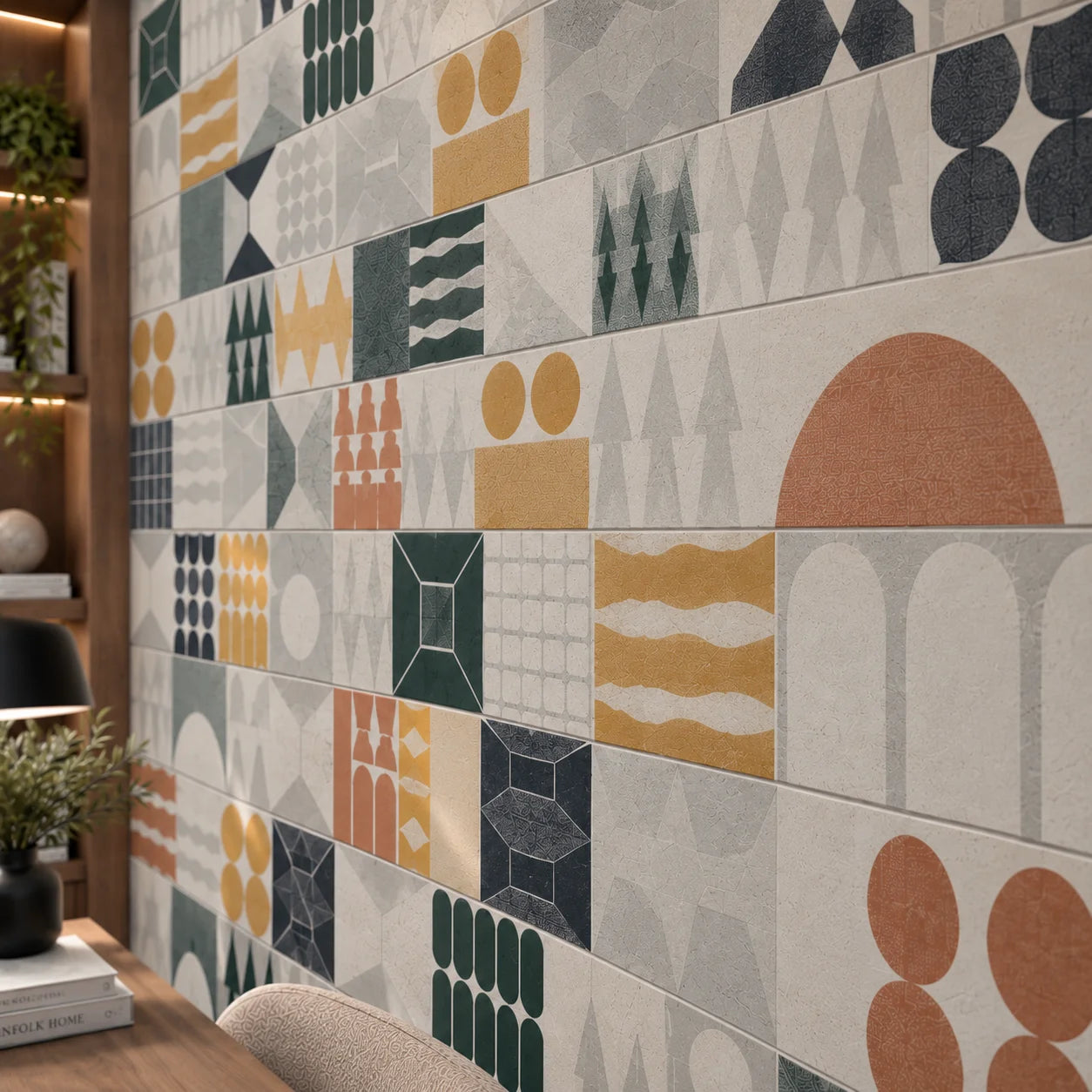 Patterns Multiform wall panels with geometric shapes in a modern home office close up