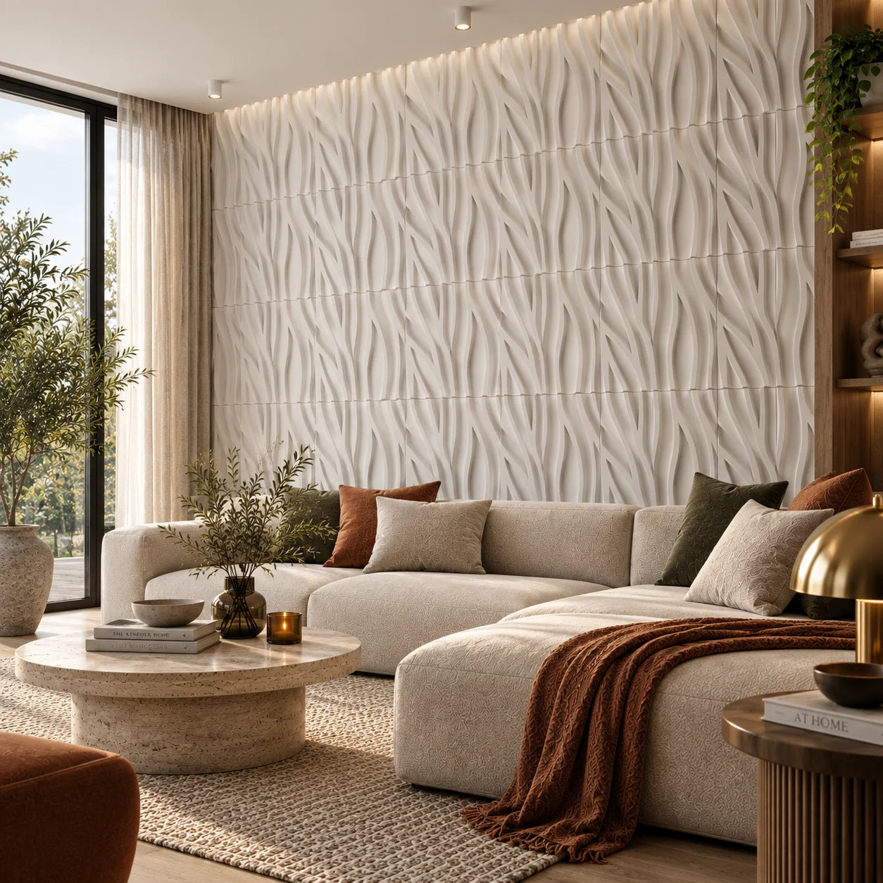 Tree gypsum 3D wall panels in a warm modern living room with cream sofa and natural decor