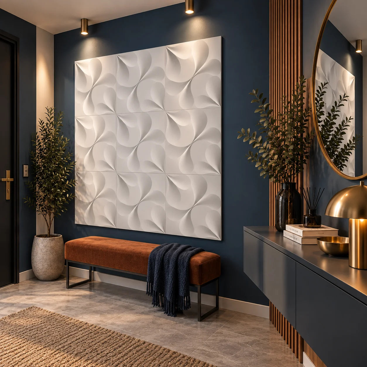 Tree gypsum 3D wall panels 50 x 50 cm installed in a modern navy hallway with warm wood and brass accents