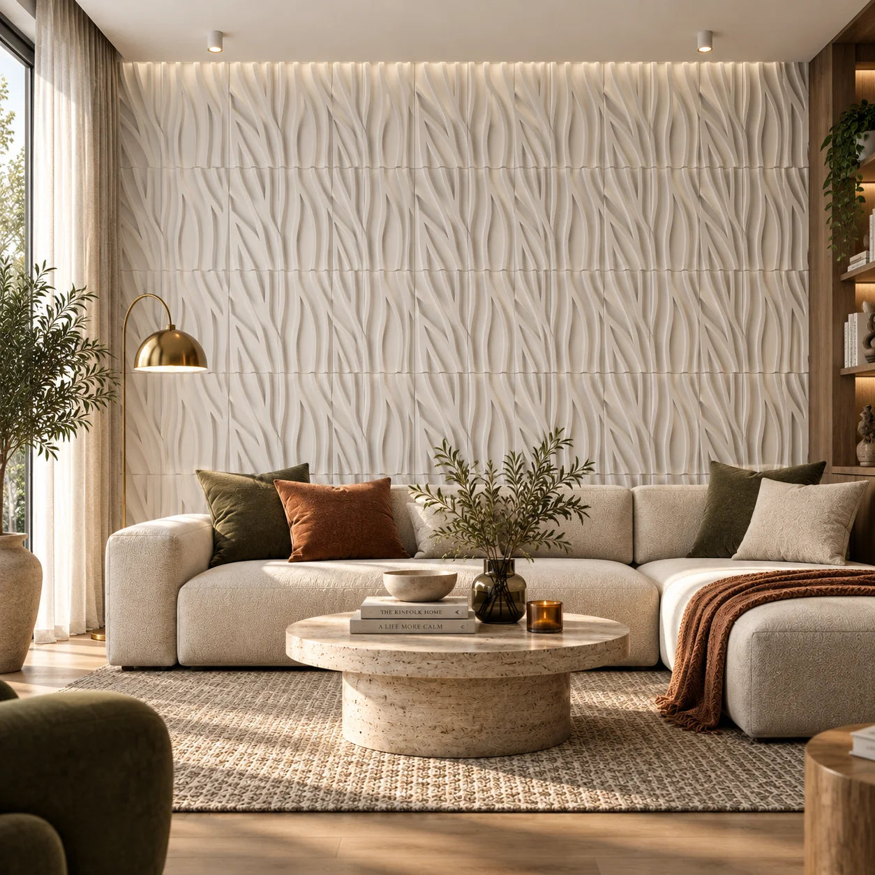 Tree gypsum 3D wall panels in a stylish living room with green and terracotta accents