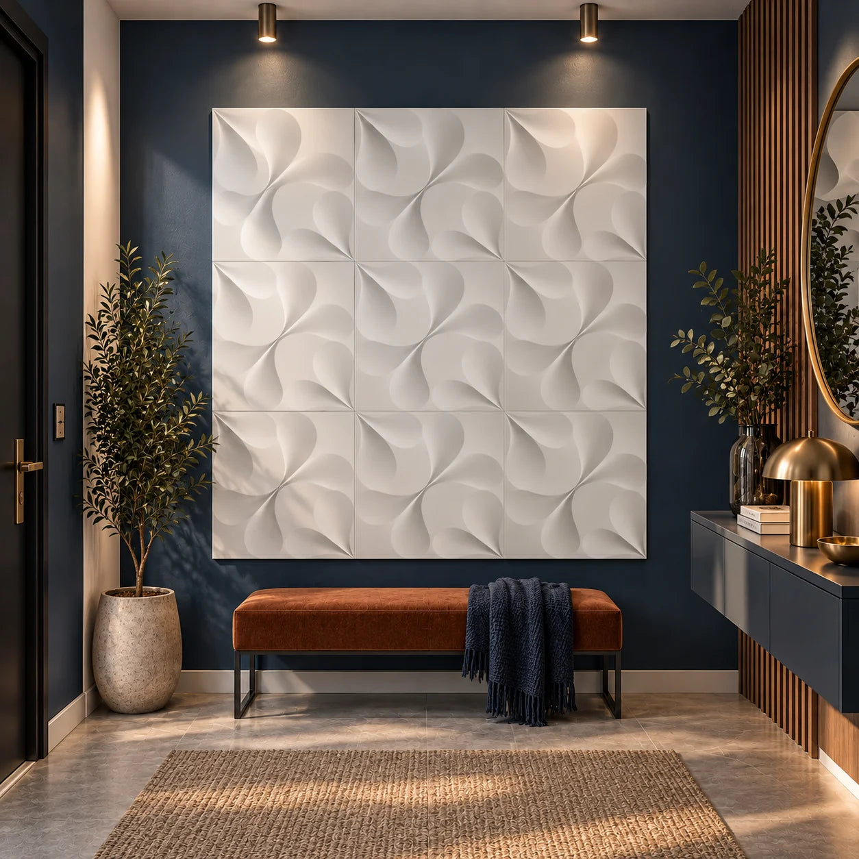 Tree gypsum 3D wall panels 50 x 50 cm displayed on a navy feature wall in a stylish modern entrance hall
