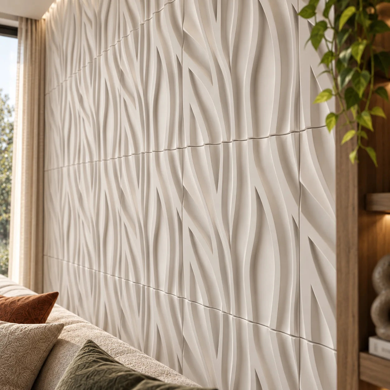 Close up view of Tree gypsum 3D wall panels showing sculpted branch inspired relief and detailed texture