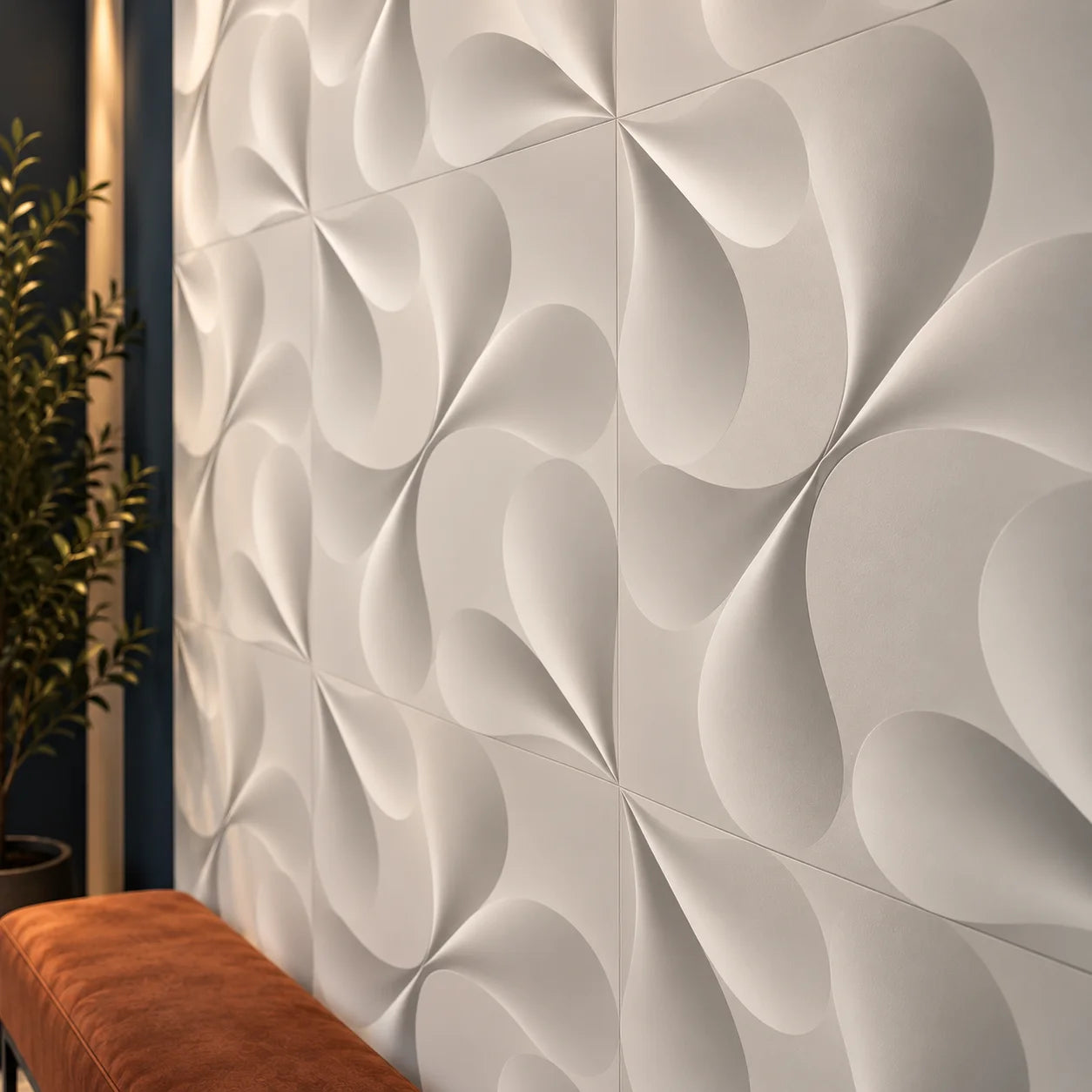 Close up of Tree gypsum 3D wall panels showing the flowing relief pattern and detailed gypsum texture