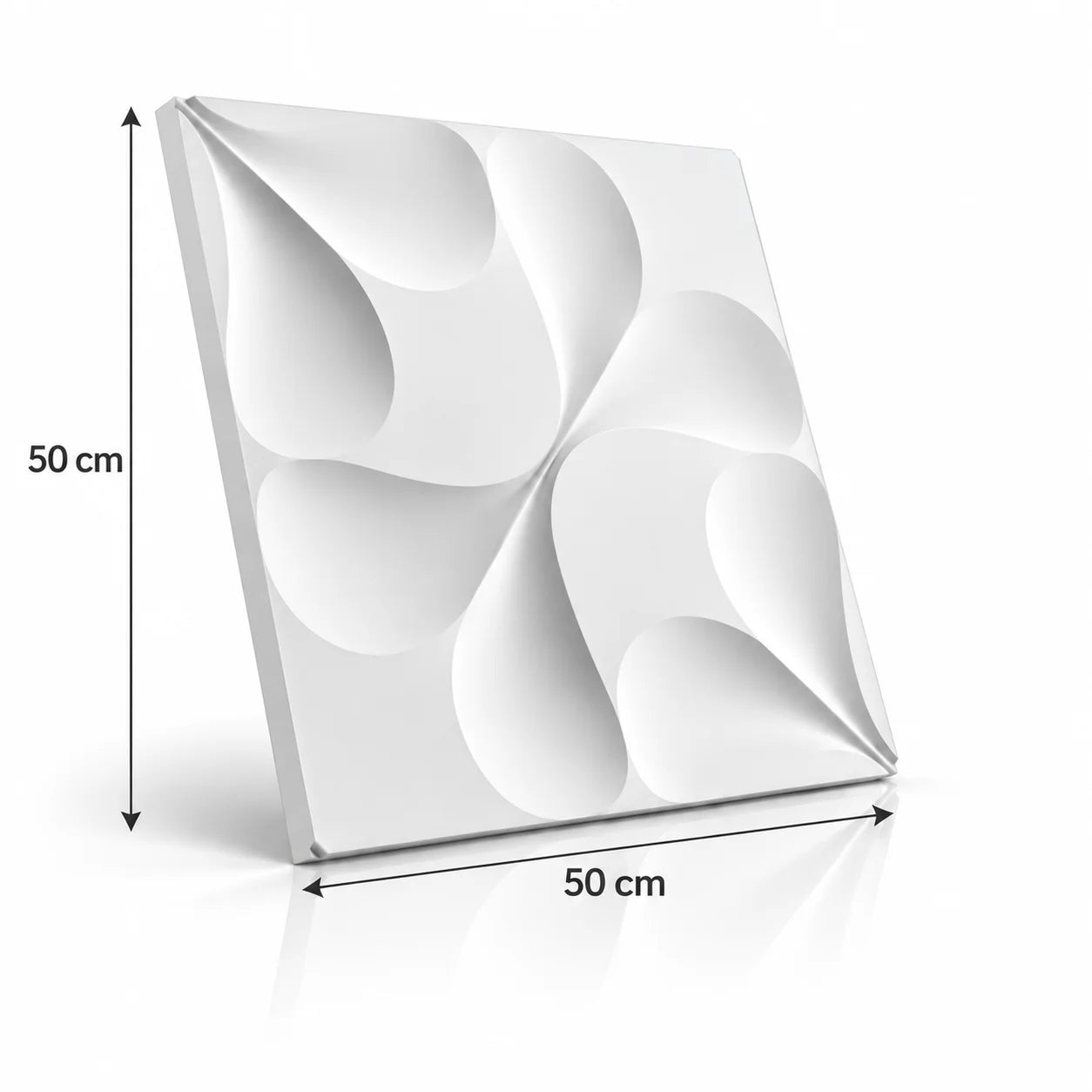 White Tree gypsum 3D wall panel with 50 cm width and 50 cm height dimensions shown with measurement arrows