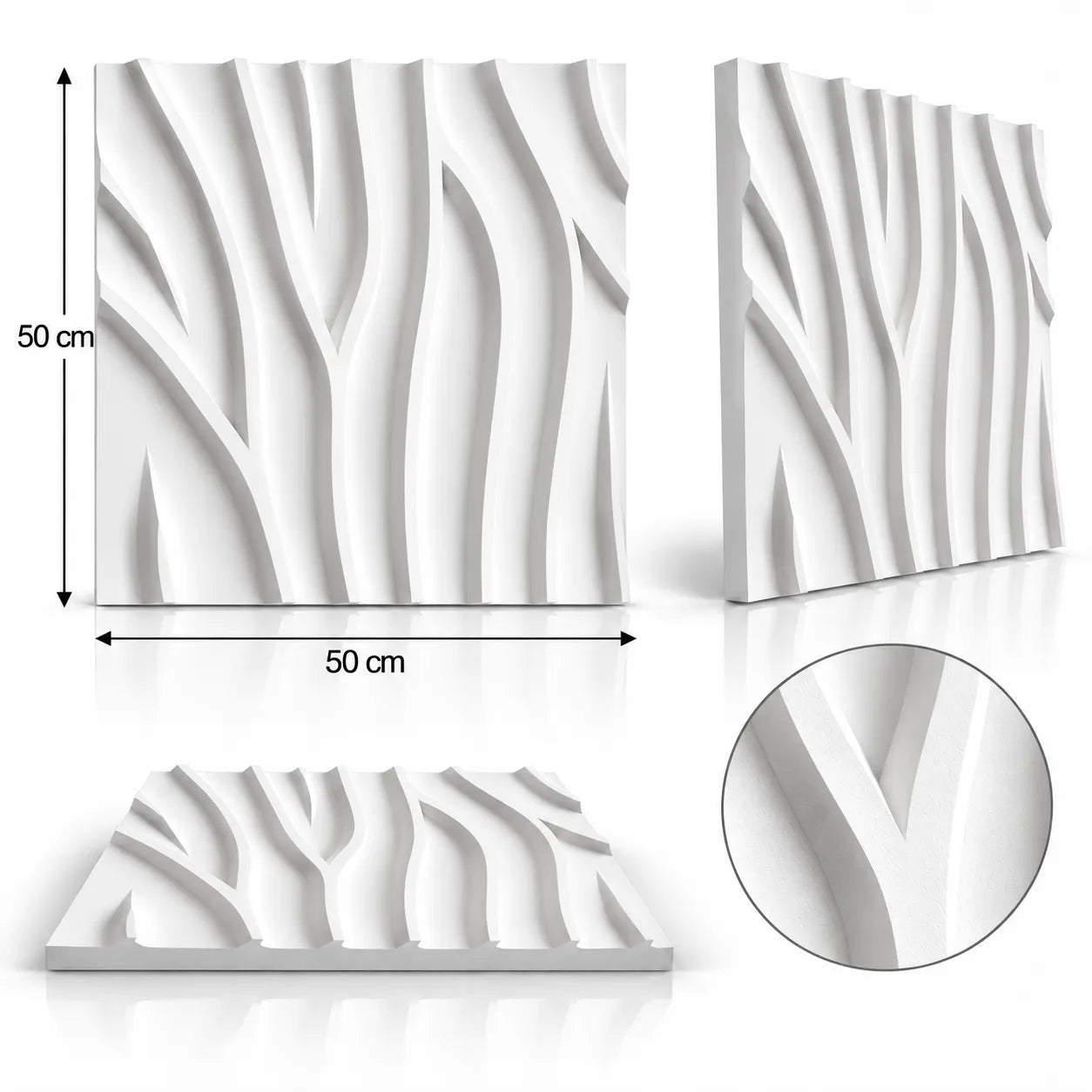 Tree 3D gypsum wall panel shown from several angles, with 50 cm by 50 cm dimensions and a close detail of the relief