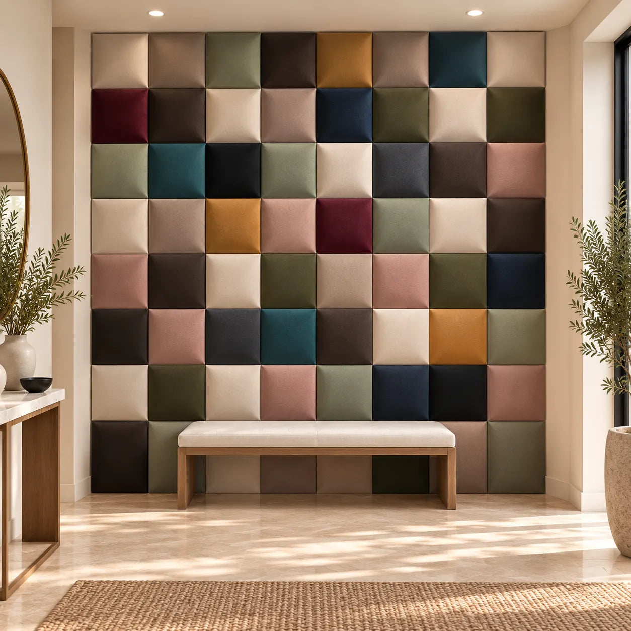 Multicolour padded fabric wall panel feature wall with bench