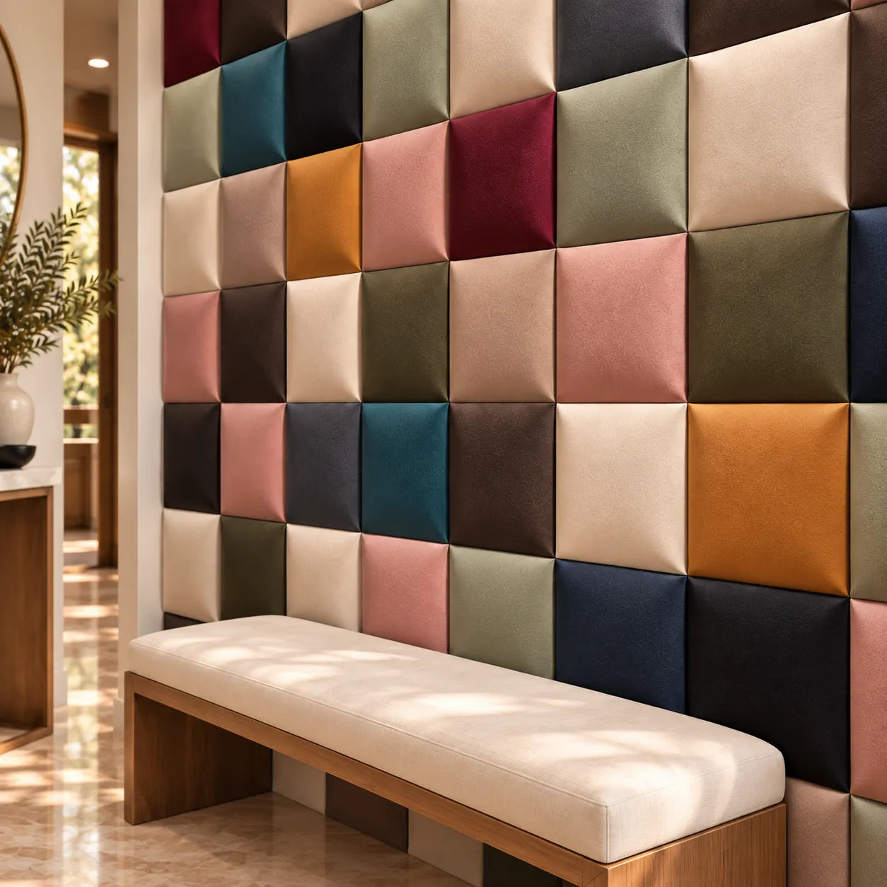 Close-up of multicolour upholstered padded wall panels in modern interior