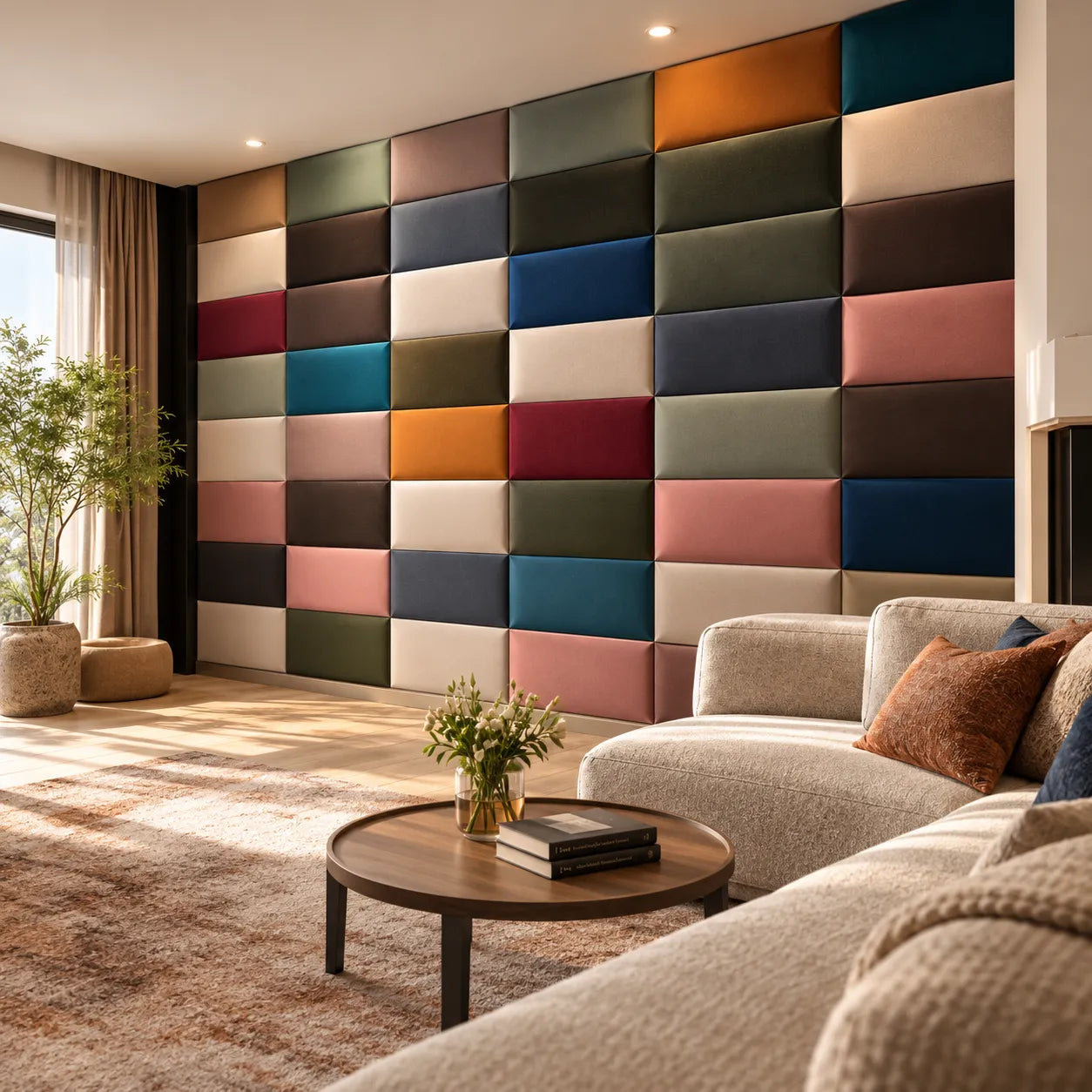 Multicolour upholstered padded wall panels in modern living room