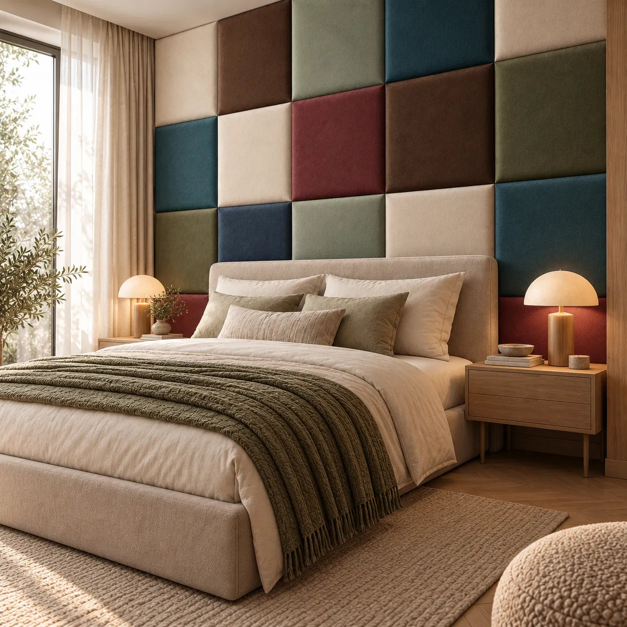 Angled view of bedroom with upholdstered panels