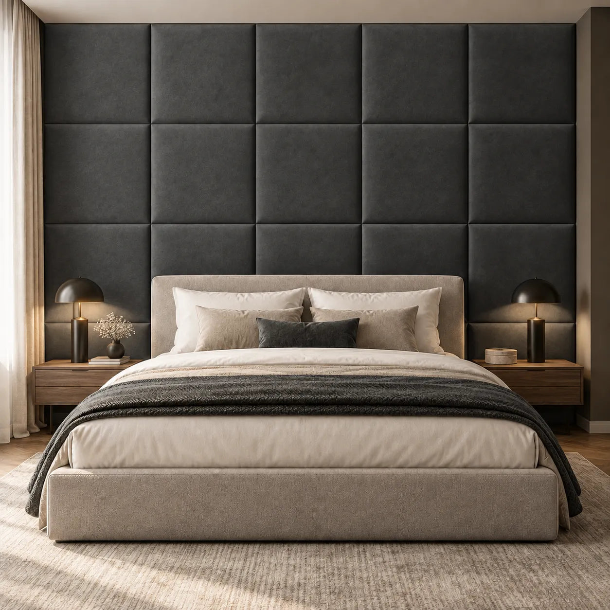 Front view of bedroom with upholdstered panels