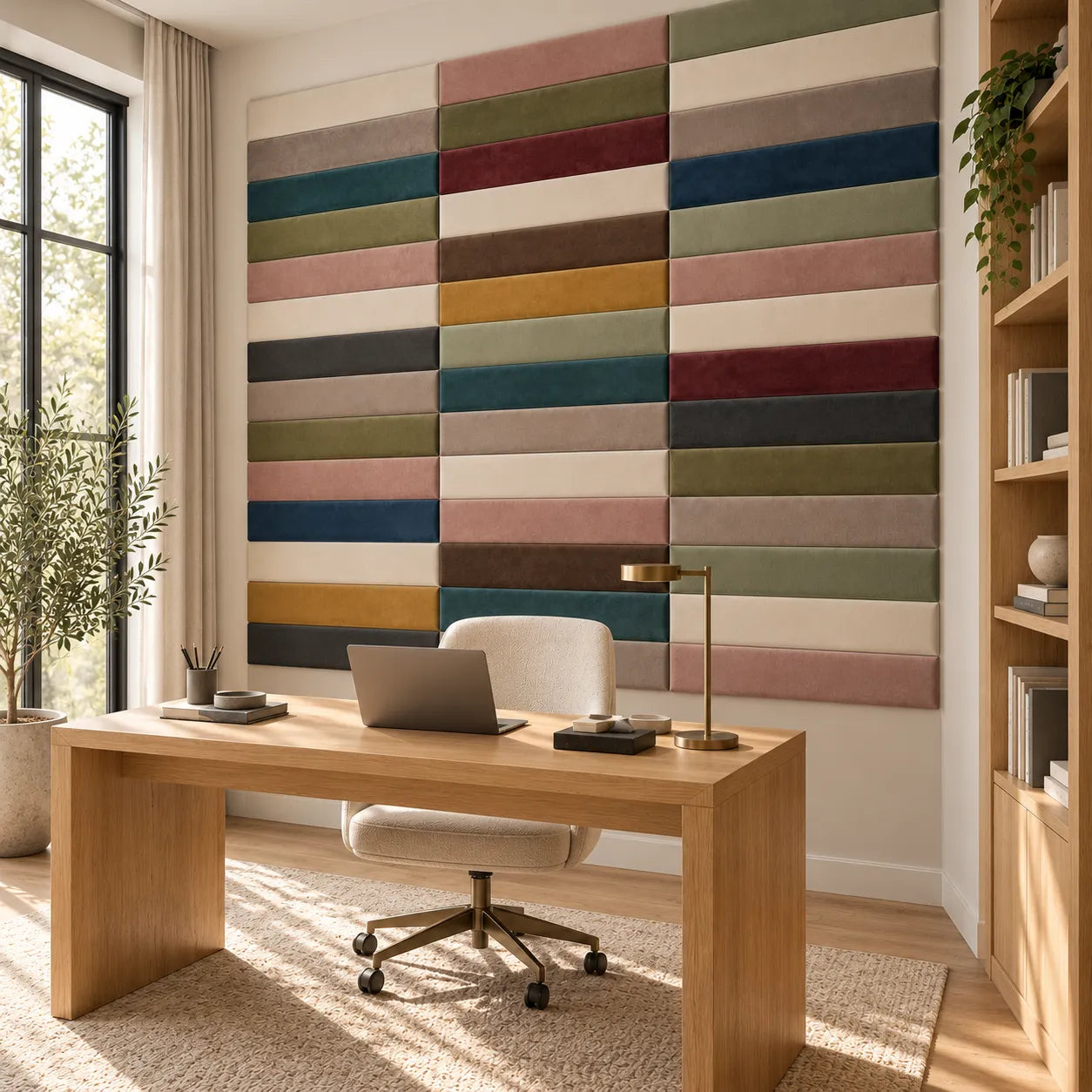Side-angle view of a cosy bedroom featuring upholstered wall panels 