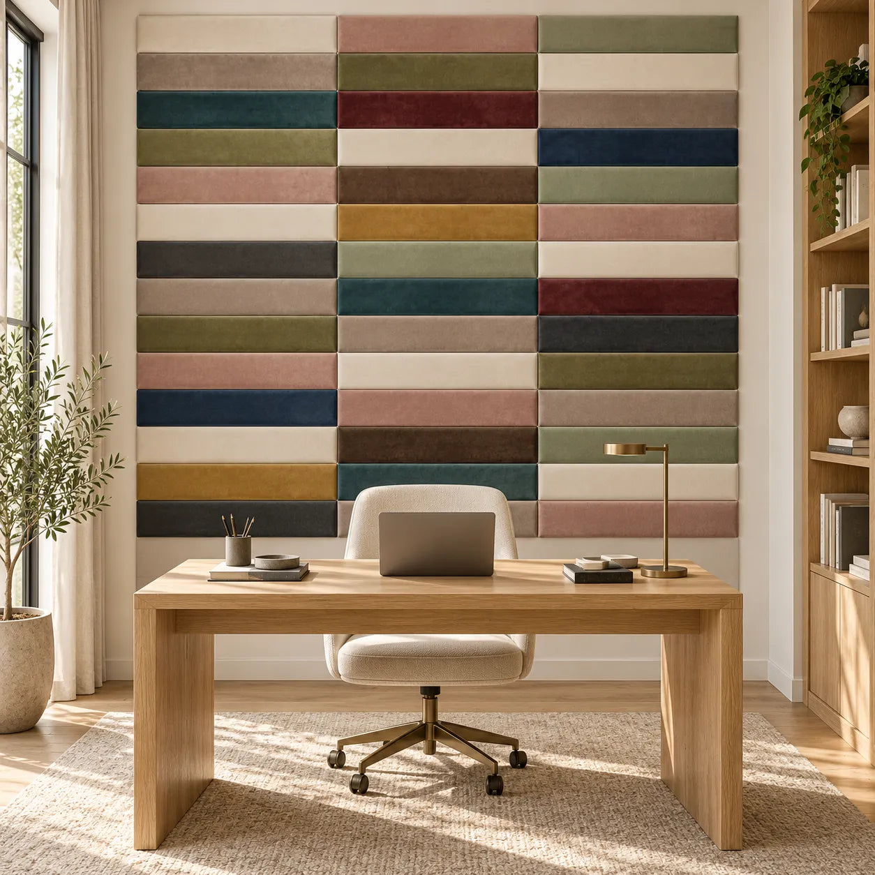 Front view with upholstered wall panels, creating a soft and relaxing feature wall.