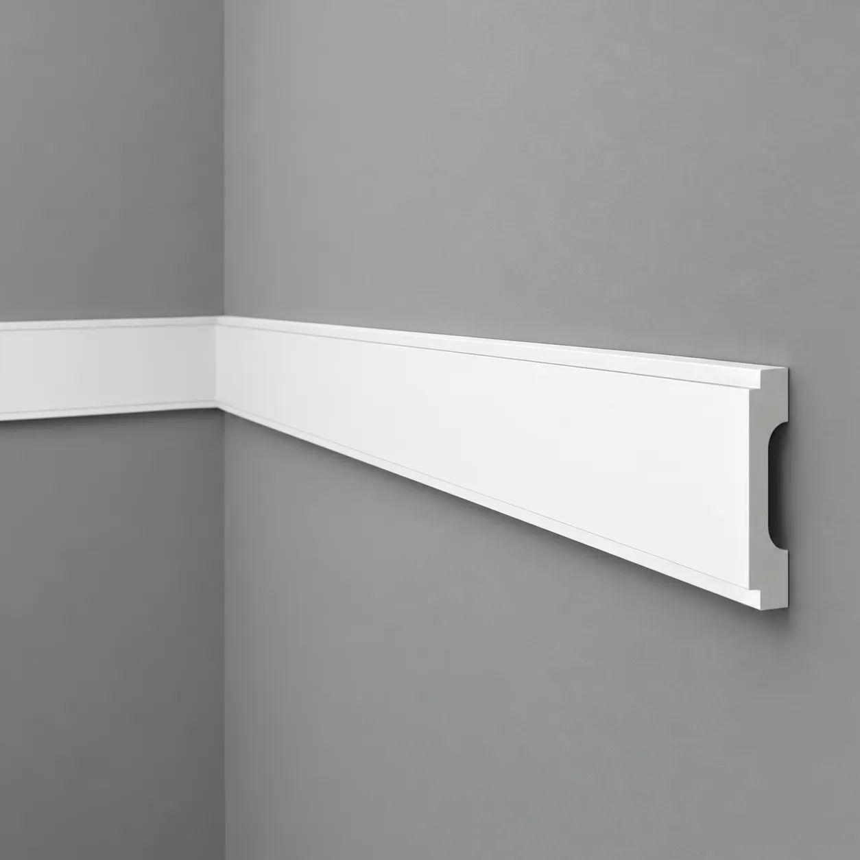 WD1 WALLSTYL white decorative chair rail installed around a grey wall corner