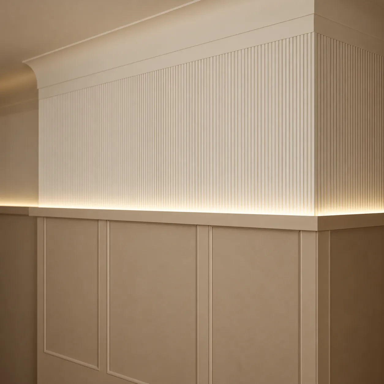 WD1 WALLSTYL decorative profile with vertical fluted wall panels and warm indirect lighting