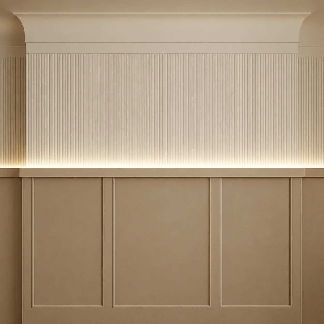 WD1 WALLSTYL decorative moulding combined with beige wall panelling and vertical fluted detail