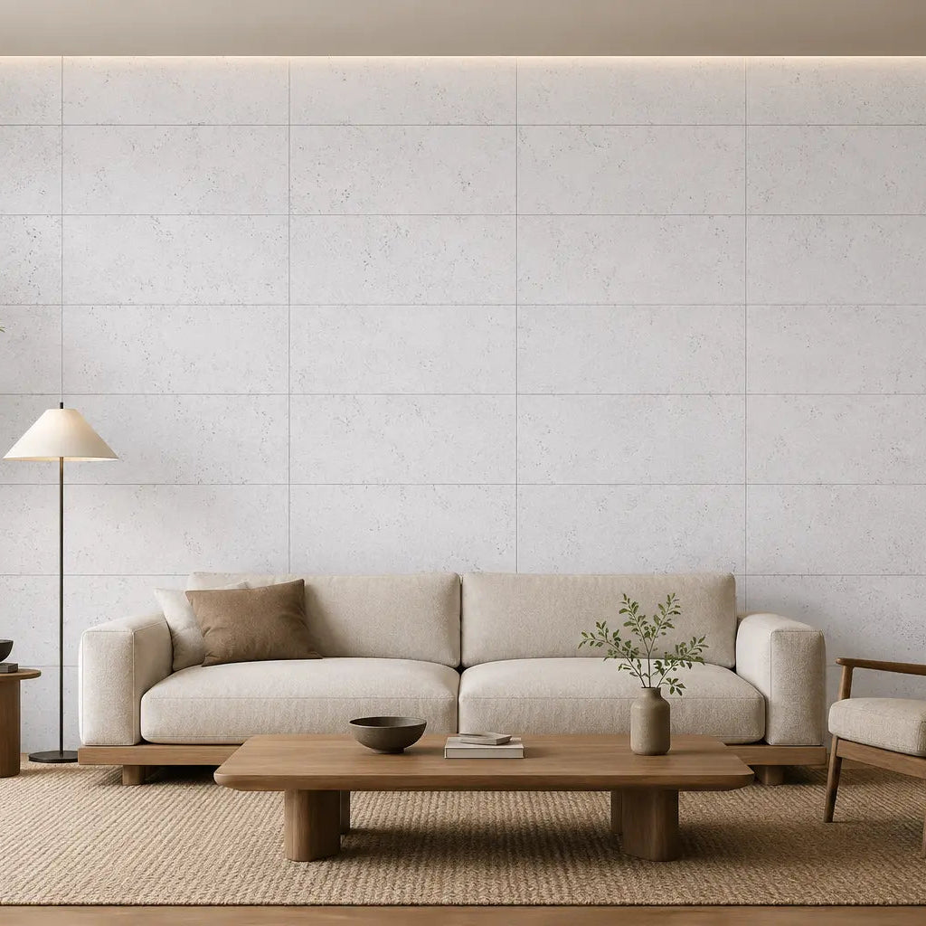 WHITE acoustic cork wall panels in a bright, minimalist living room with a cream sofa, wooden furniture and neutral décor front view