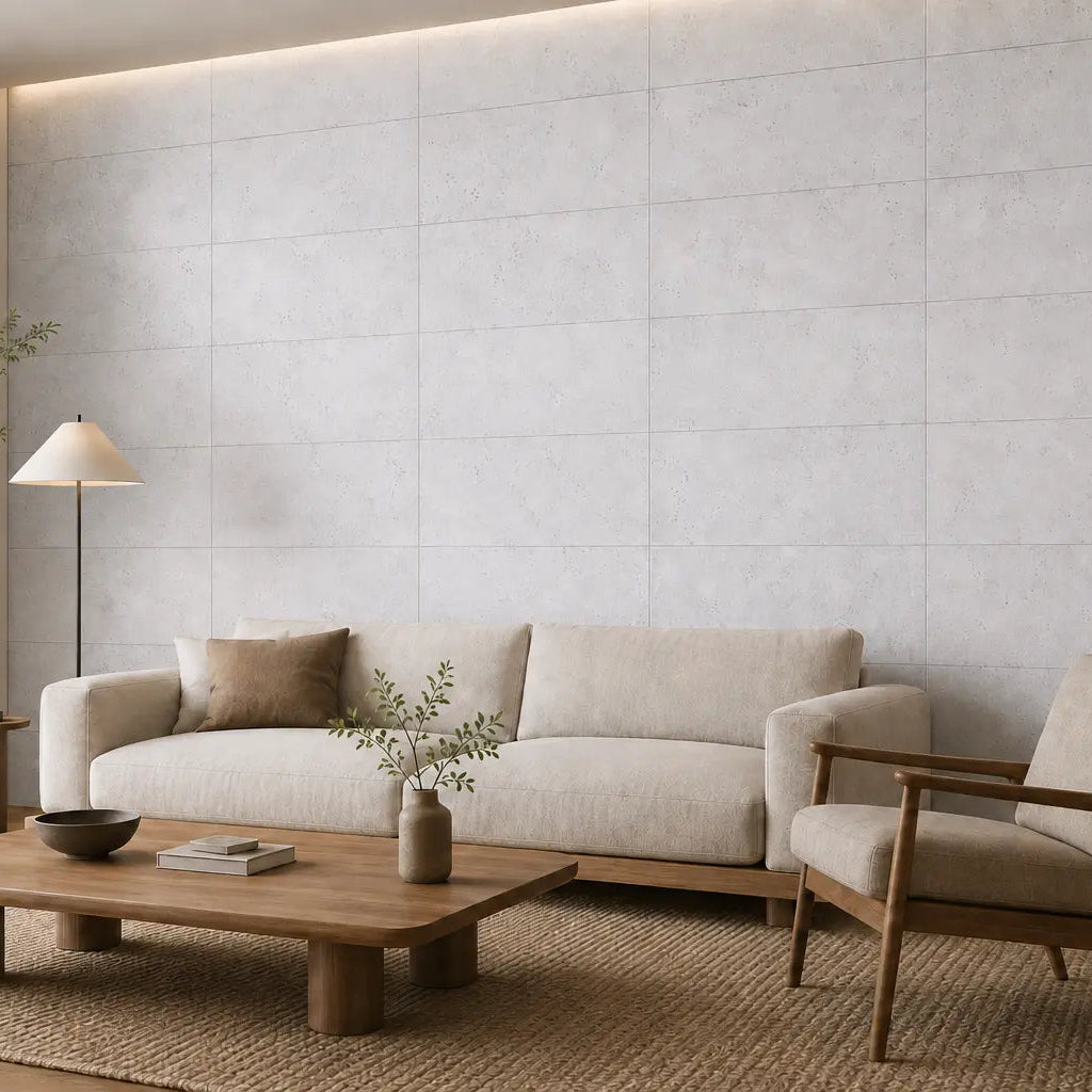 WHITE acoustic cork wall panels in a bright, minimalist living room with a cream sofa, wooden furniture and neutral décor side view