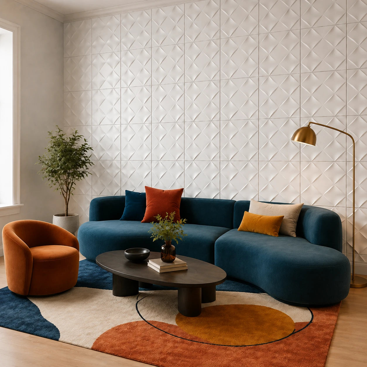 Angled view of white Wicker 50 × 50 cm gypsum 3D wall panels behind a curved blue sofa