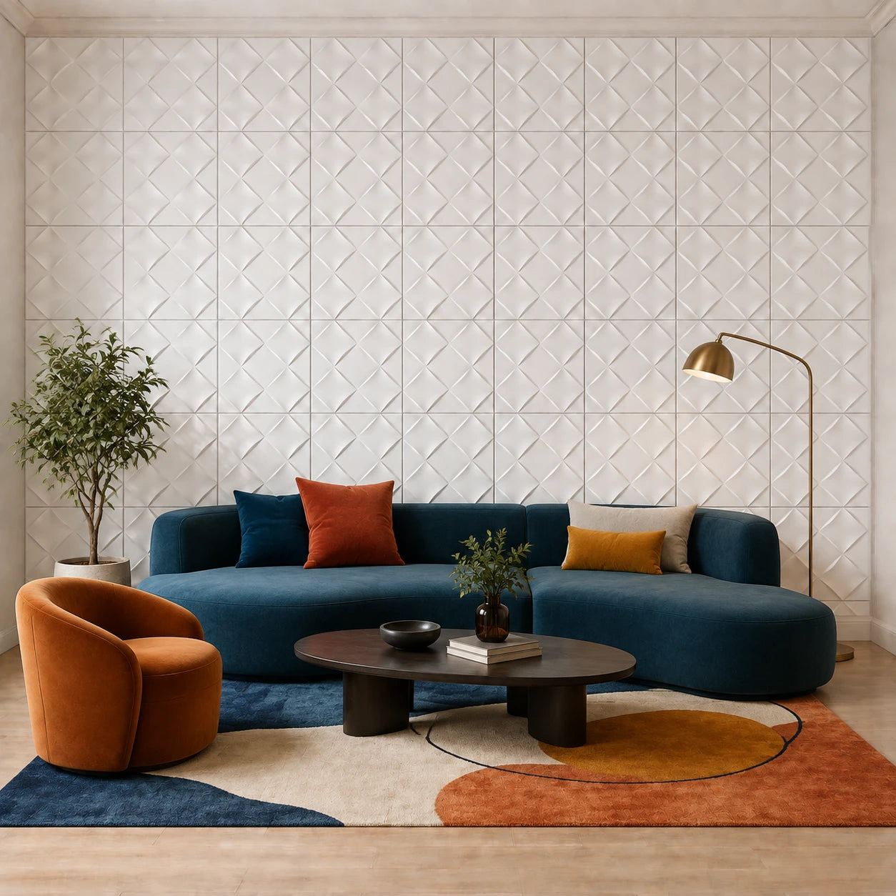 White Wicker gypsum 3D wall panels with an interwoven geometric pattern in a colourful modern living room
