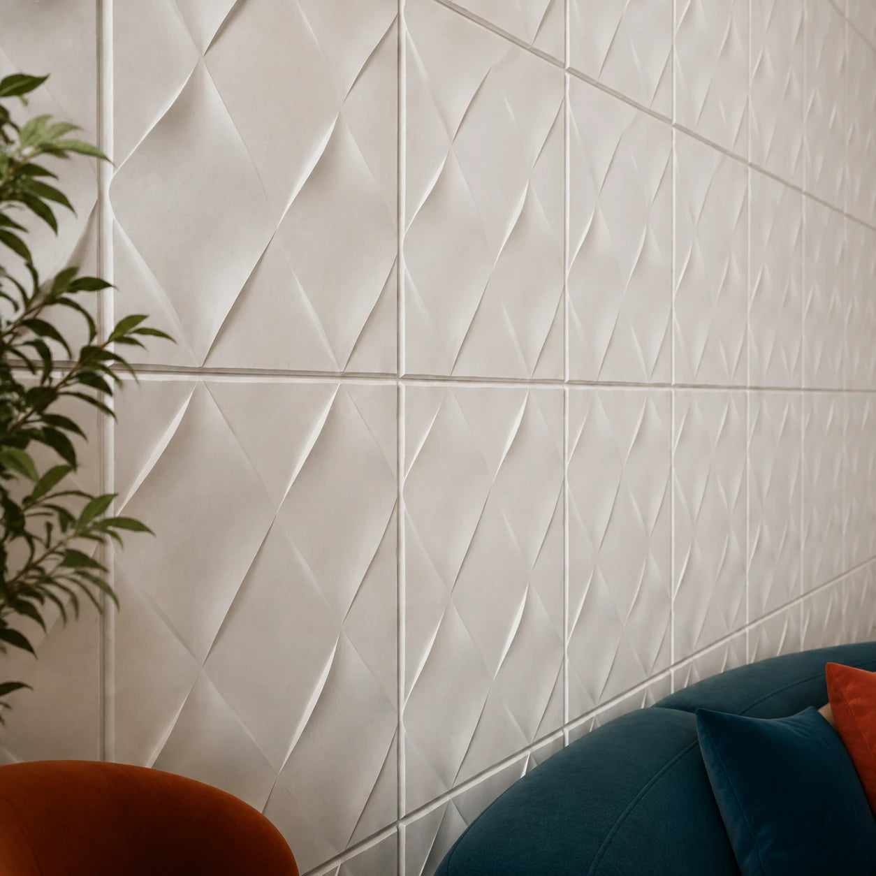 Close-up of white Wicker gypsum 3D wall panels showing the sculpted woven relief and textured finish