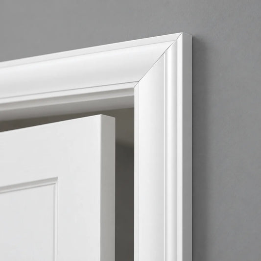 Close-up of WD2-2200 WALLSTYL white door frame with precise mitred corner detail