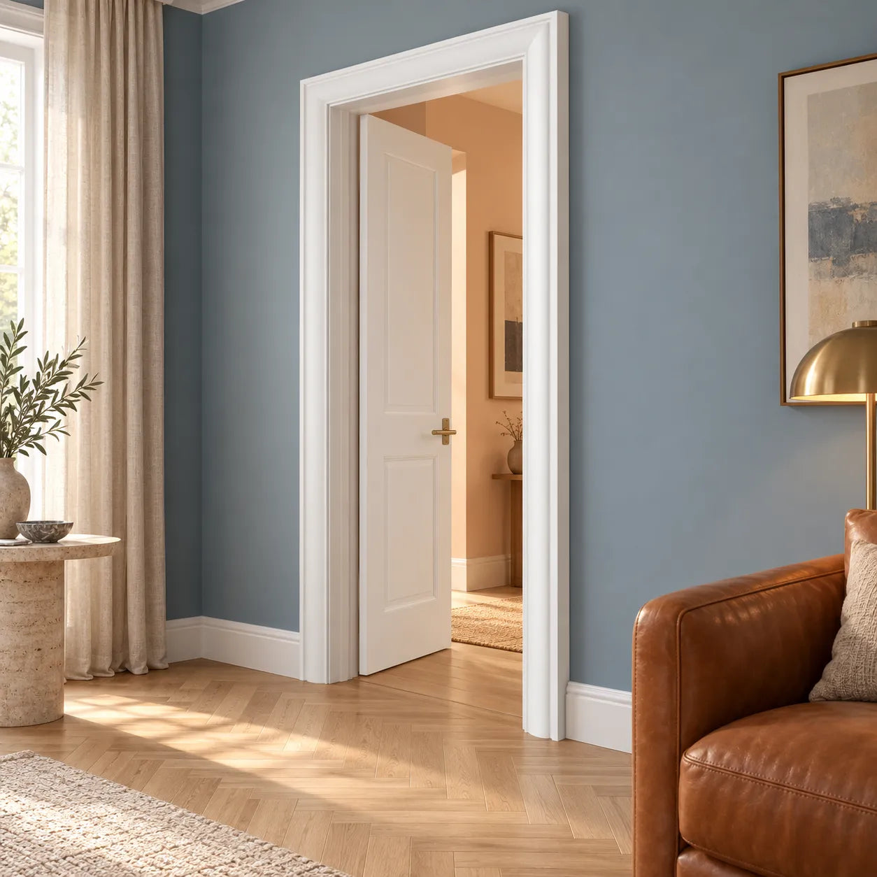 WD2-2200 WALLSTYL white decorative door frame in an elegant living room with blue walls