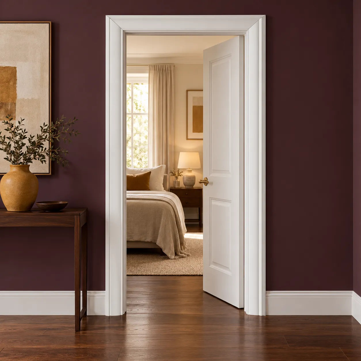 WD2-2200 WALLSTYL white door frame creating a clean contrast against deep plum walls