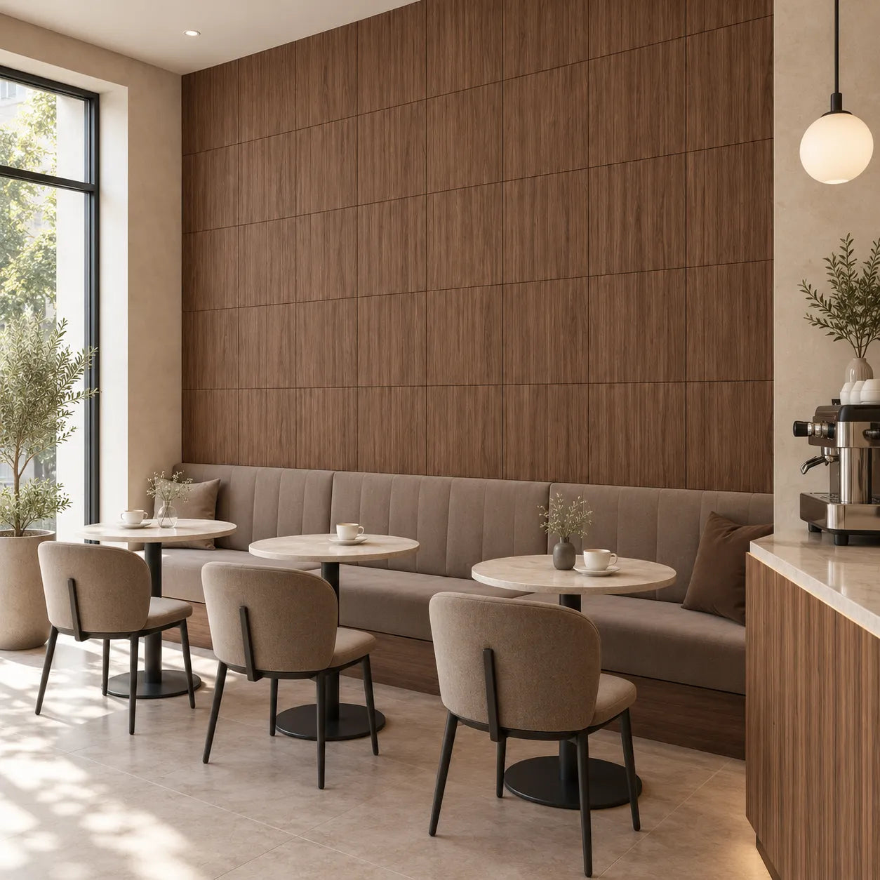 Walnut GrooveCraft MDF wall panels in a modern cafe interior