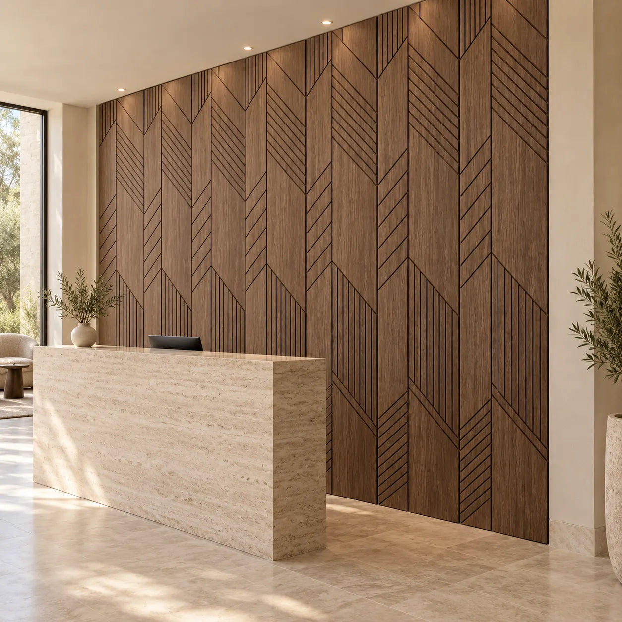 Walnut GrooveCraft Model 12 MDF wall panels in a modern reception interior