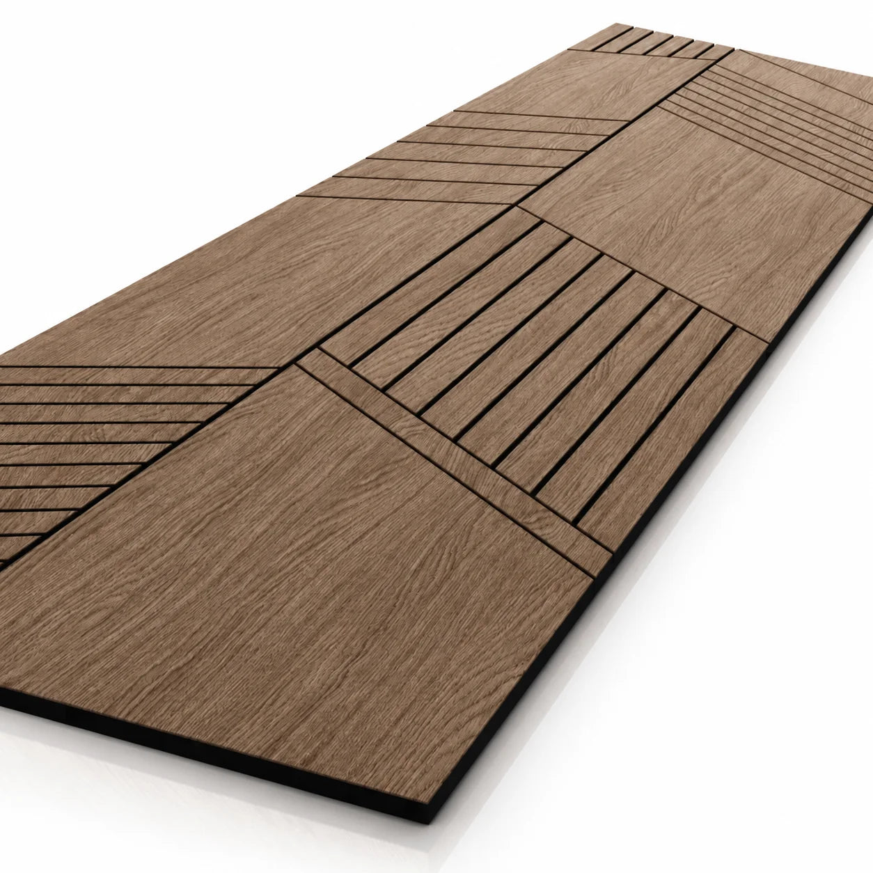 Close-up of Walnut GrooveCraft Model 12 MDF panel with geometric milled design