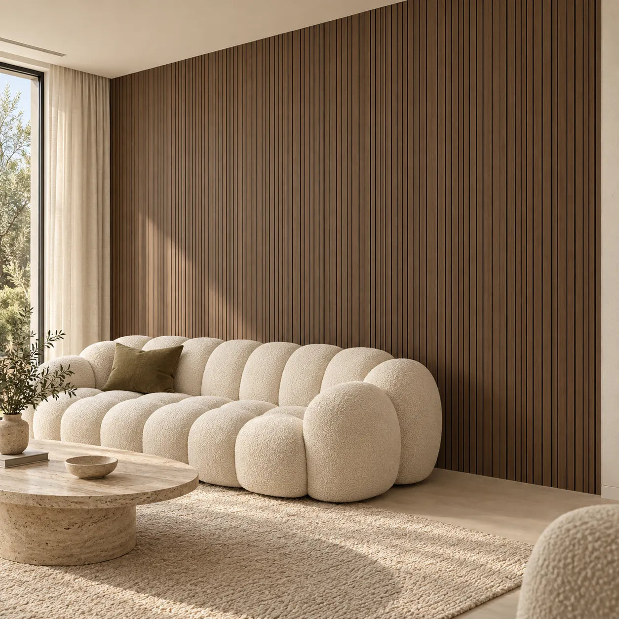 Walnut GrooveCraft Model 13 MDF wall panels in a modern living room