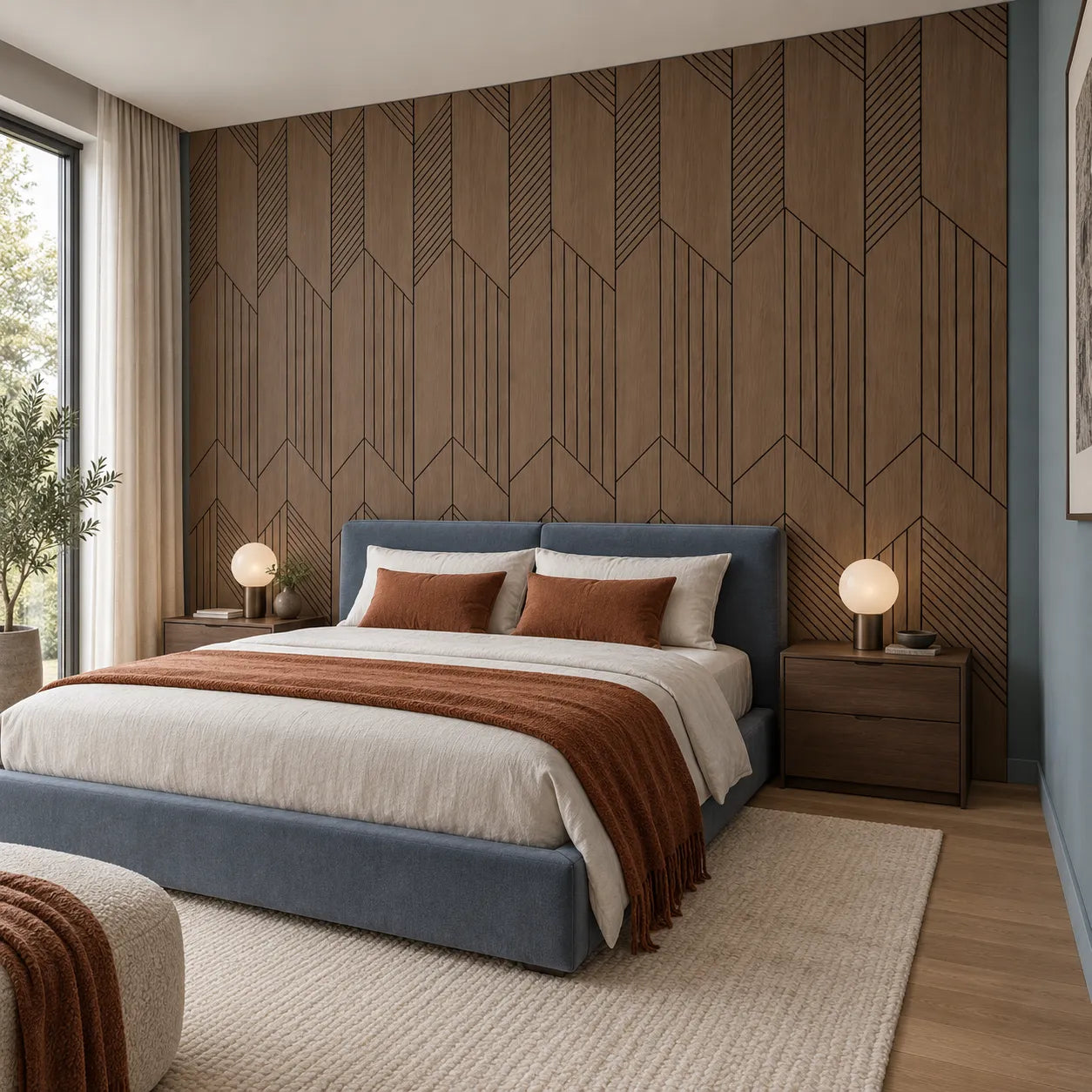 Walnut GrooveCraft Model 15 MDF wall panels in a modern bedroom interior