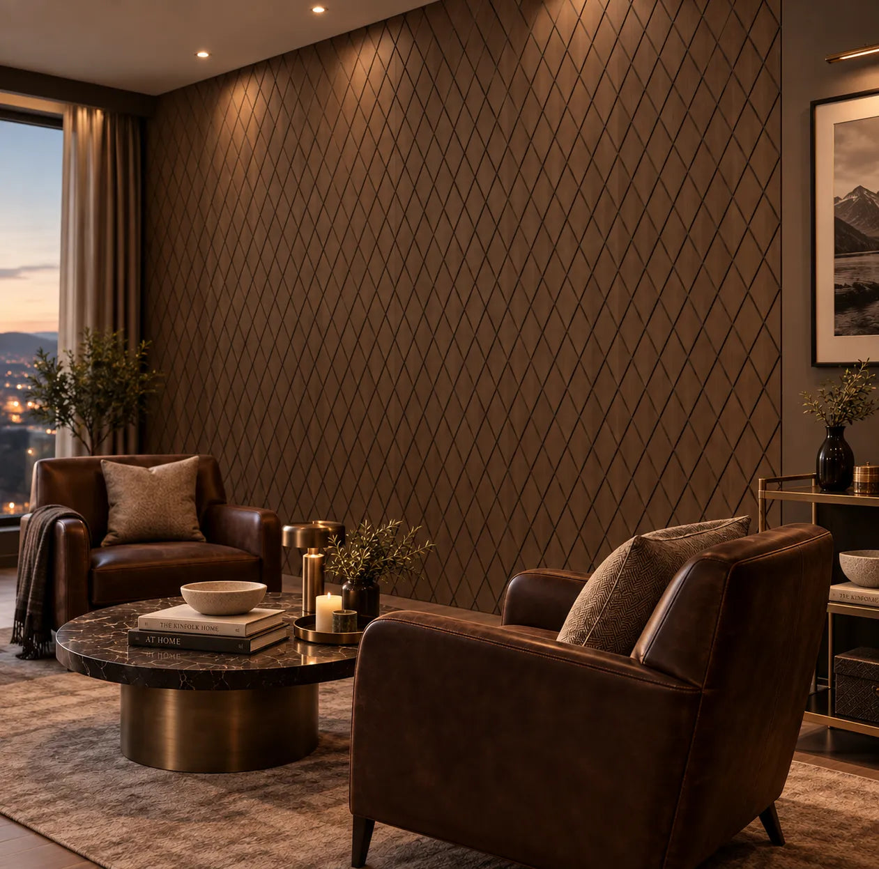 Walnut GrooveCraft Model 17 MDF wall panels in an elegant lounge interior