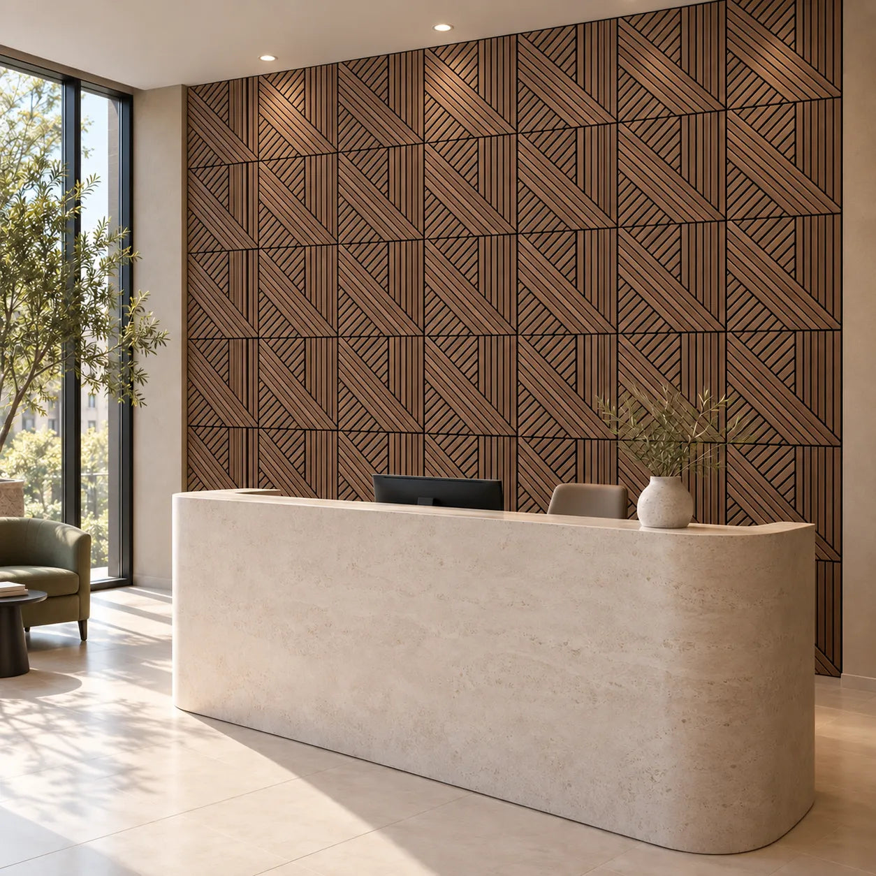 Walnut GrooveCraft MDF acoustic wall panels in a modern reception area