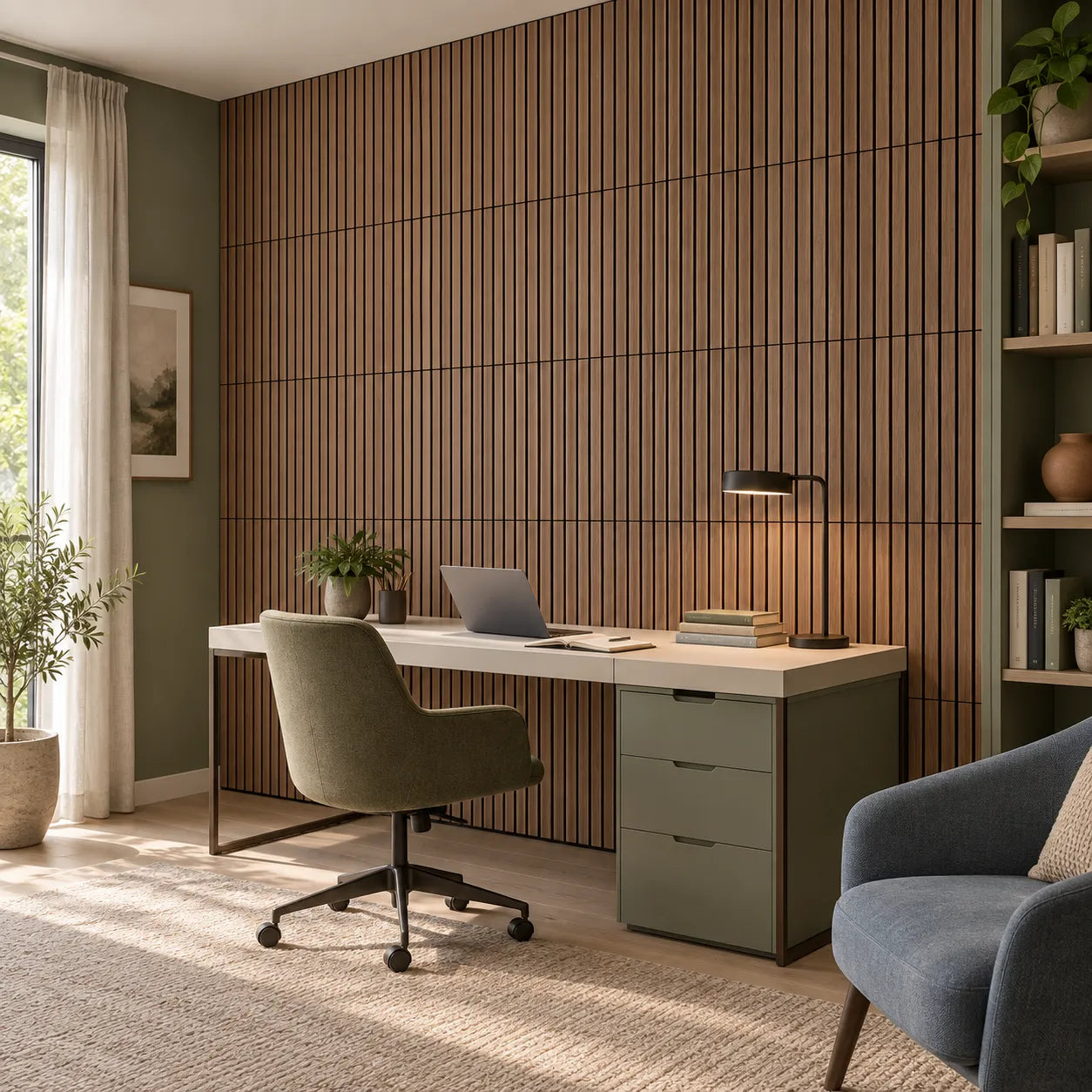 Walnut GrooveCraft Model 5 MDF acoustic wall panels in a modern home office
