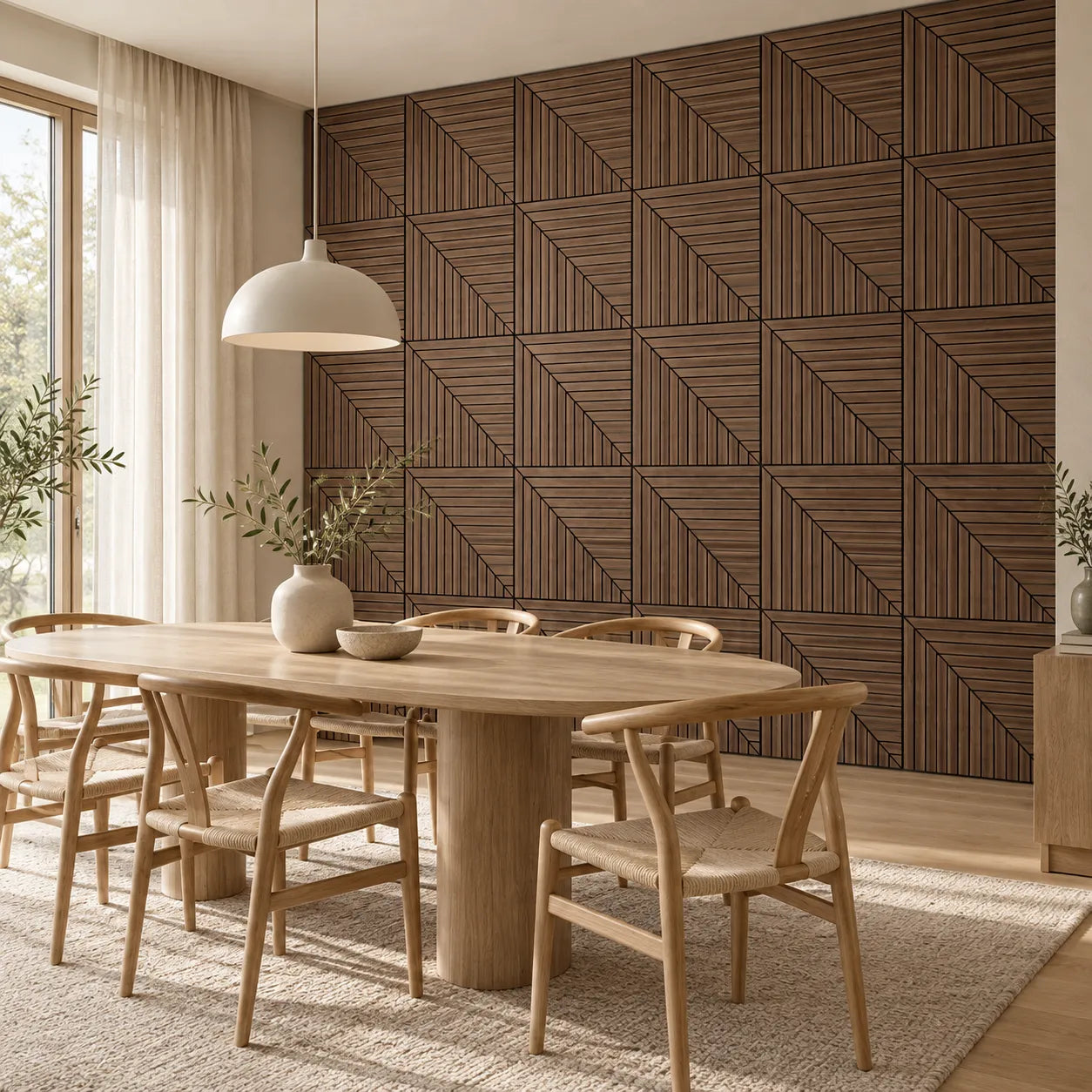 Walnut GrooveCraft Model 6 MDF acoustic wall panels in a modern dining room