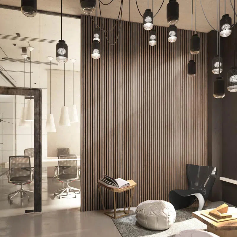 Walnut Acoustic Wood Slat Wall Panel in cozy modern interior DecorMania UK