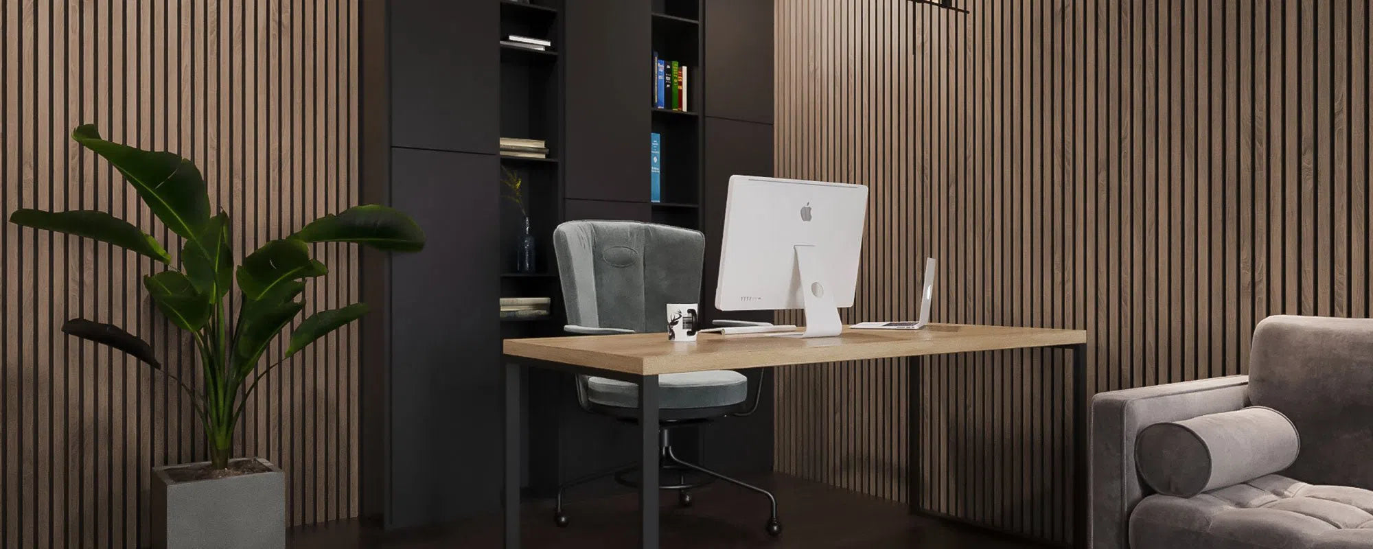 Walnut Acoustic Wood Slat Wall Panel office interior DecorMania UK