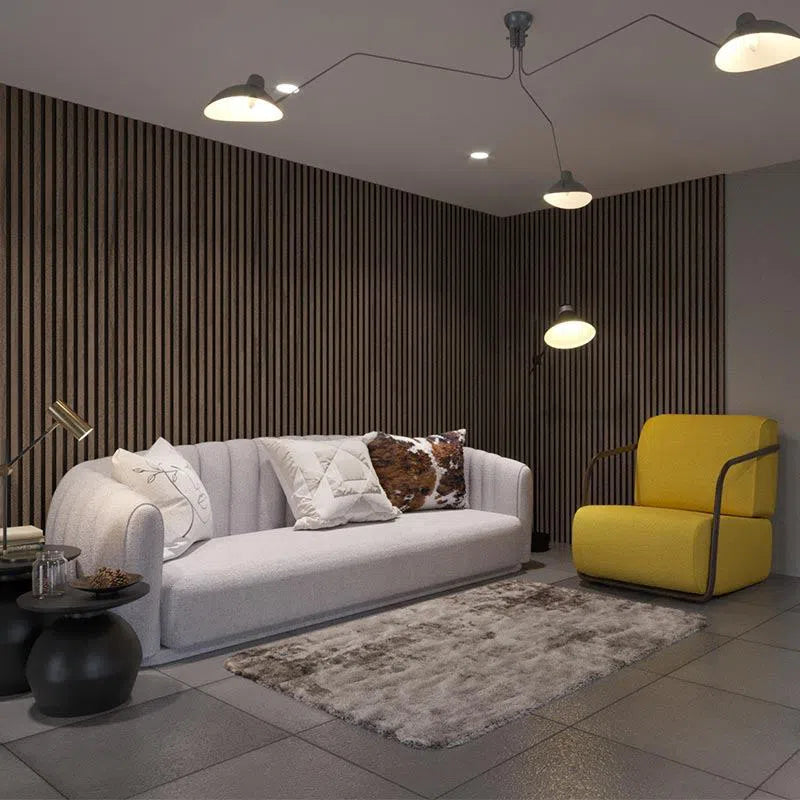 Walnut Acoustic Wood Slat Wall Panel in living room interior DecorMania UK