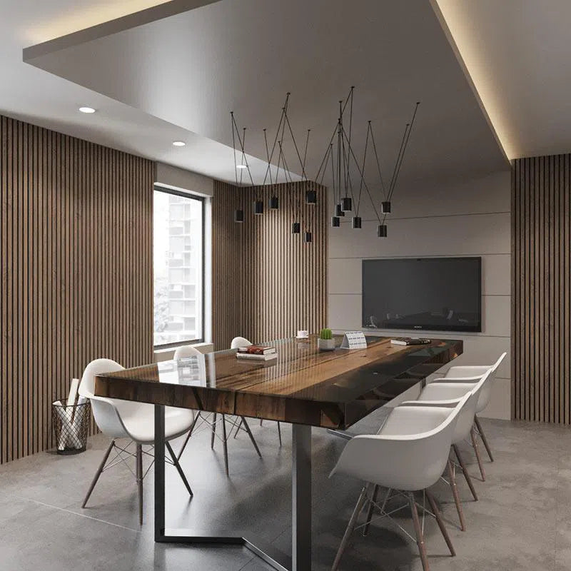 Walnut Acoustic Wood Slat Wall Panel dining room interior DecorMania UK