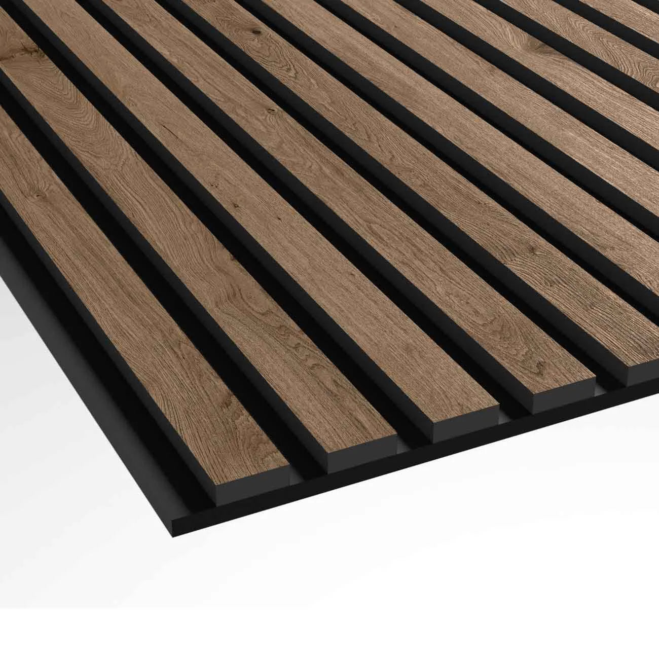 Walnut Wood Slat Wall Panelling – 300x60 cm texture closeup on white background DecorMania UK