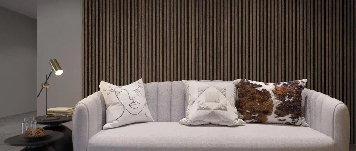 Walnut Wood Slat Wall Panelling – 300x60 cm with couch DecorMania UK