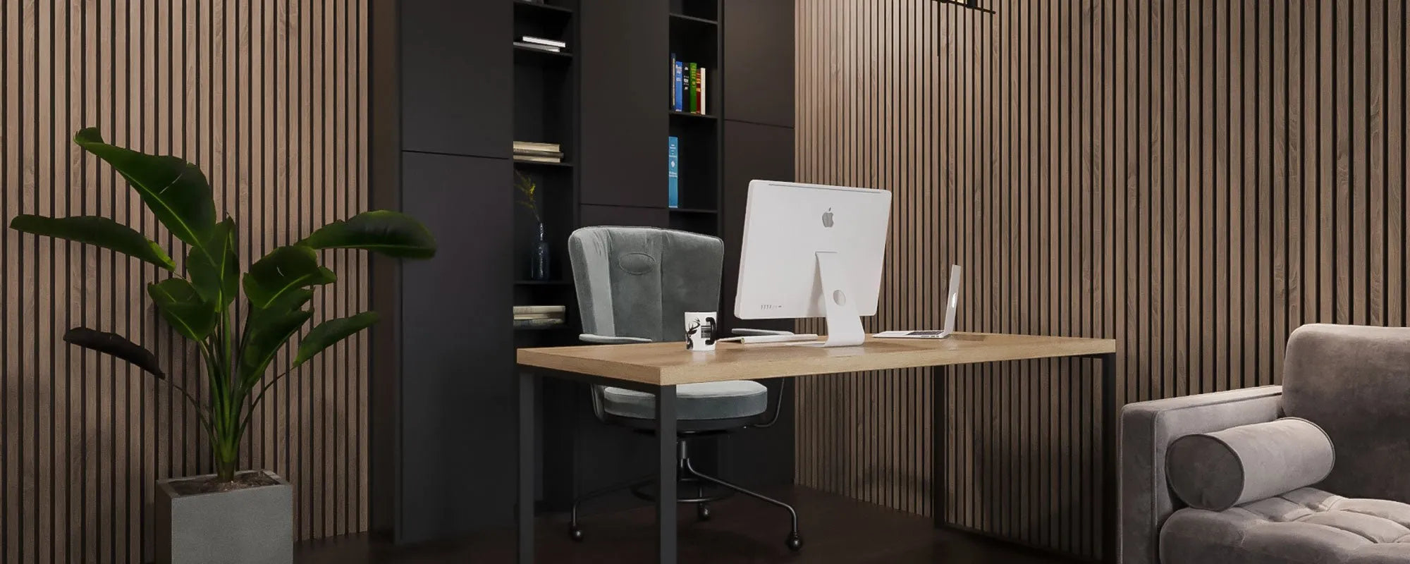 Walnut Wood Slat Wall Panelling – 300x60 cm in office interior DecorMania UK