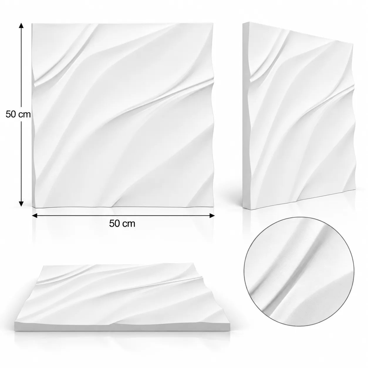 Waves 3D gypsum wall panel shown from several angles, with 50 cm by 50 cm dimensions and a close detail of the relief