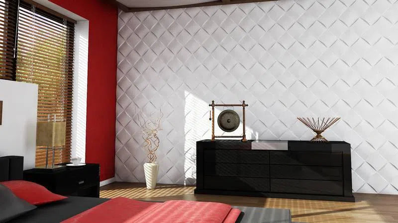 Model Wicker - 3D Gypsum Wall Panels
with a Diamond Pattern Covering the Bedroom Wall | DecorMania UK 