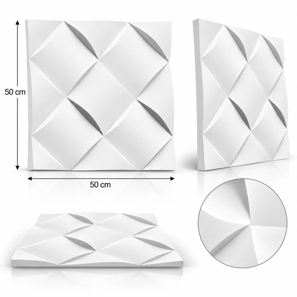 Wicker 3D gypsum wall panel shown from several angles, with 50 cm by 50 cm dimensions and a close detail of the relief