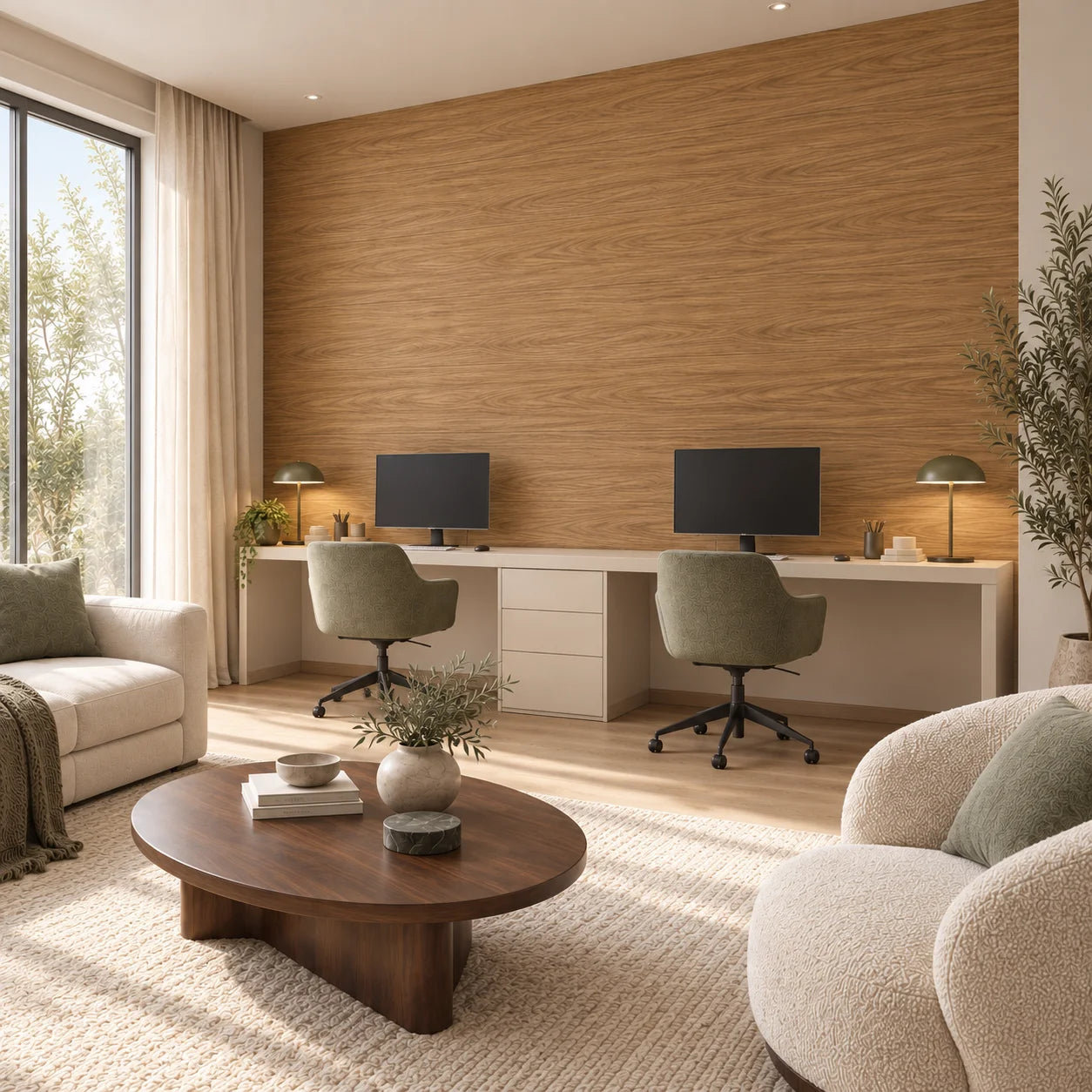 Angled view of Wood Brandy decorative wall panels in a modern office interior with natural wood effect